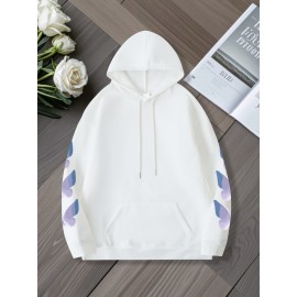 Women'S Butterfly Printed Hoodie, Casual Pullover with Slight Stretch, All Seasons, Polyester, 250g/m² Knit Fabric, Hooded Collar, Large Size