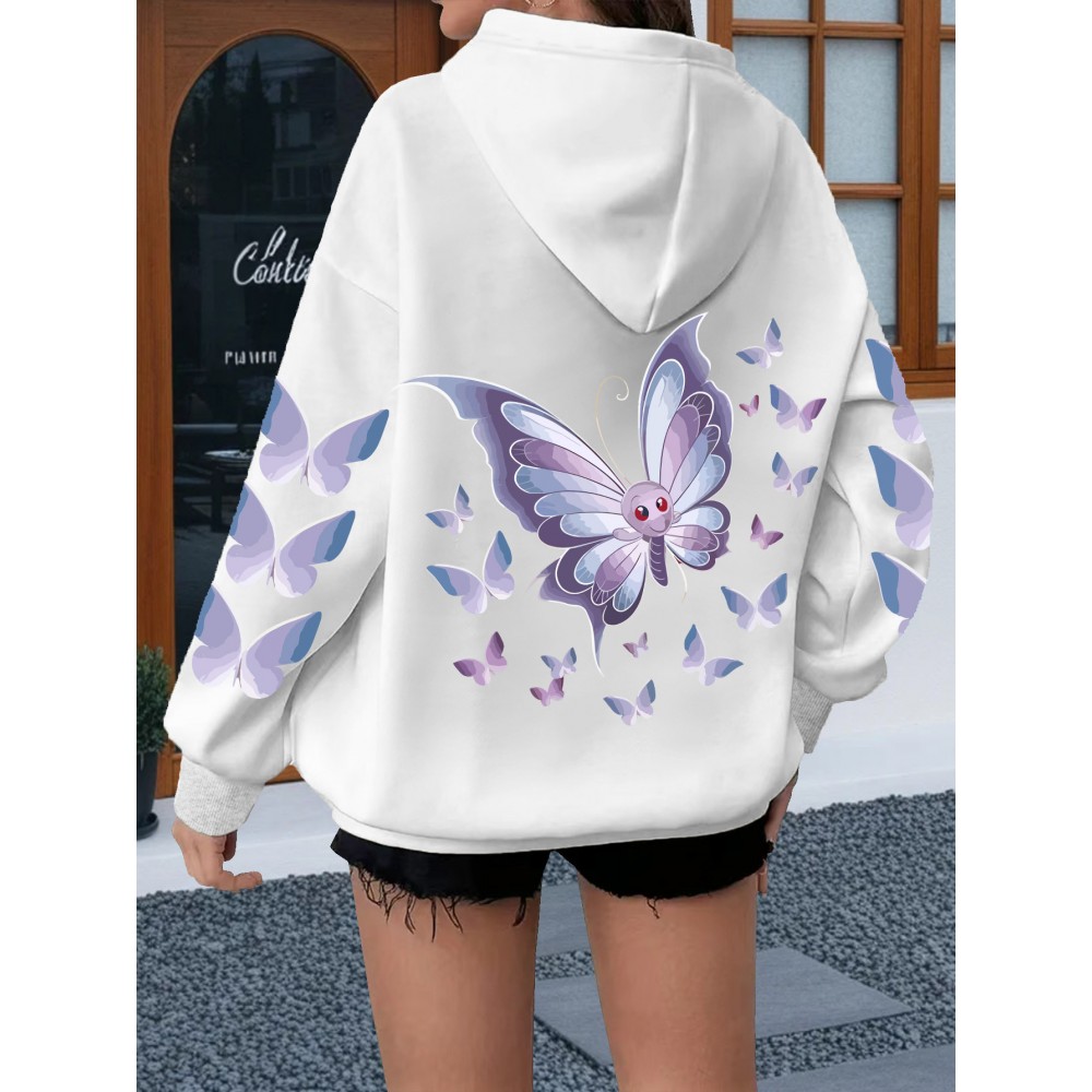 Women'S Butterfly Printed Hoodie, Casual Pullover with Slight Stretch, All Seasons, Polyester, 250g/m² Knit Fabric, Hooded Collar, Large Size