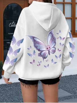 Women'S Butterfly Printed Hoodie, Casual Pullover with Slight Stretch, All Seasons, Polyester, 250g/m² Knit Fabric, Hooded Collar, Large Size