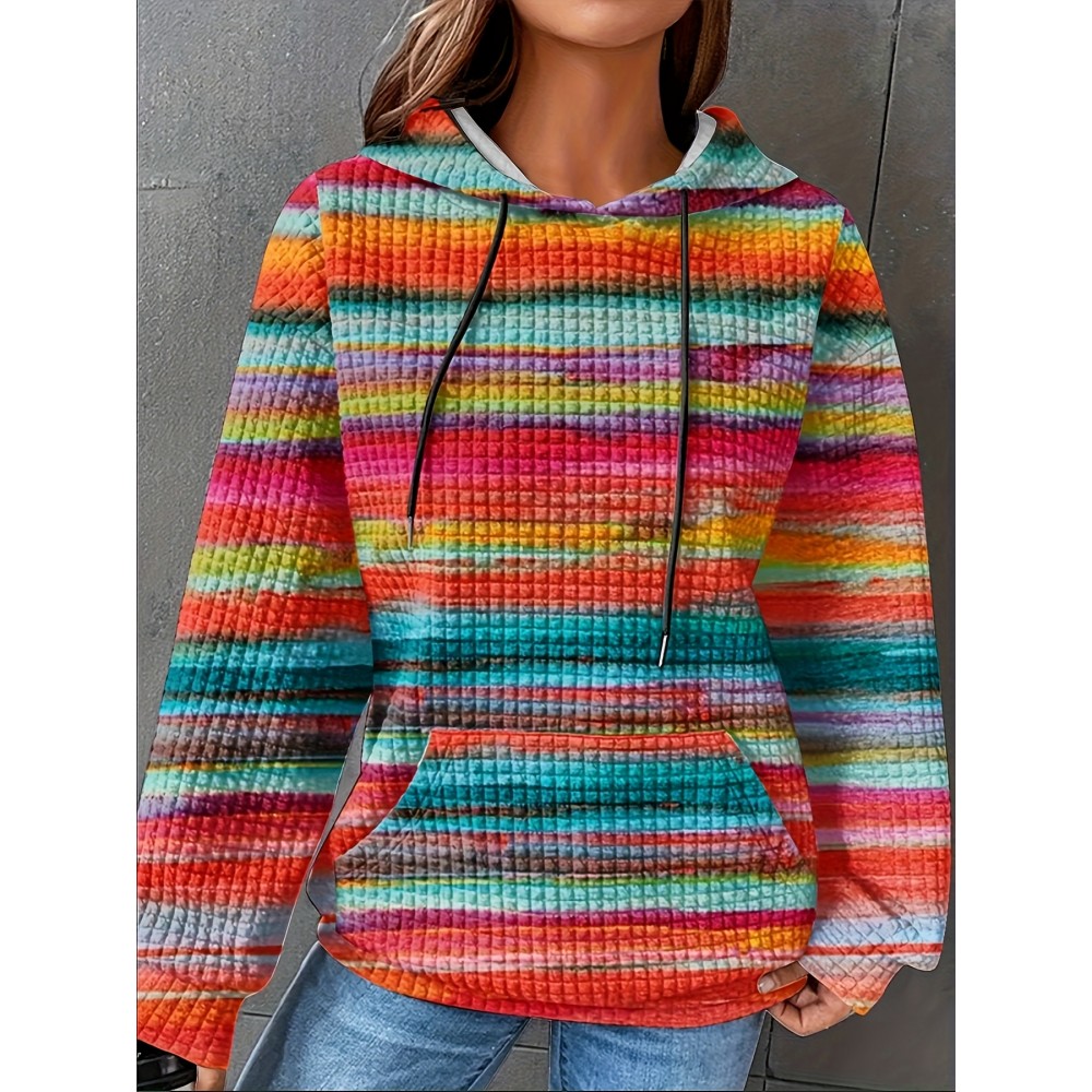 Plus Size, Women's Plus Size Oversized Hoodie - Loose Fit Pullover Sweatshirt with Front Pocket & Drawstring Hood, Long Sleeve Casual Winter Sweater in Pink/Orange/Blue/Green/Teal/Orange/Red/ - Machine Washable Fall/Winter Clothing, Cozy Clothing, Striped Pattern, Soft Fabric, Streetwear Lovers