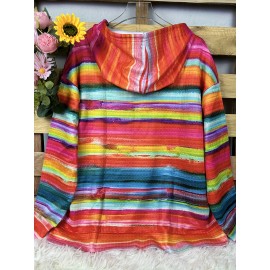 Plus Size, Women's Plus Size Oversized Hoodie - Loose Fit Pullover Sweatshirt with Front Pocket & Drawstring Hood, Long Sleeve Casual Winter Sweater in Pink/Orange/Blue/Green/Teal/Orange/Red/ - Machine Washable Fall/Winter Clothing, Cozy Clothing, Striped Pattern, Soft Fabric, Streetwear Lovers