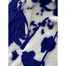 Women's Elegant Half-Zip Hooded Jacket, Plus Size Winter Warmth Coat with Full-Zip Front, Soft Fleece Lining, Animal Print (Cow/Sheep Design), Casual Outerwear, Cold Weather Wear, Stylish Outerwear, Zip-Up Coat