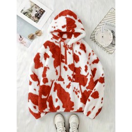 Women's Elegant Half-Zip Hooded Jacket, Plus Size Winter Warmth Coat with Full-Zip Front, Soft Fleece Lining, Animal Print (Cow/Sheep Design), Casual Outerwear, Cold Weather Wear, Stylish Outerwear, Zip-Up Coat