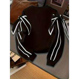 [Winter Clothing Construction] Plus Size Women's Elegant Bow Detail Sweatshirt | Cozy Long Sleeve Crewneck Pullover, Solid Color Casual Fall/Winter Wear