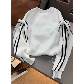 [Winter Clothing Construction] Plus Size Women's Elegant Bow Detail Sweatshirt | Cozy Long Sleeve Crewneck Pullover, Solid Color Casual Fall/Winter Wear