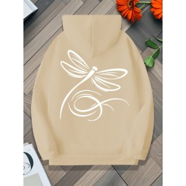 Plus Size, Women's Oversized White Dragonfly Print Hooded Sweatshirt - Long Sleeve Casual Pullover with Drawstring Hood & Kangaroo Pocket, Plus Size All-Season Comfort, Elegant White Sweater for Casual Attire, Machine Washable, Relaxed Fit with Stylish Dragonfly Back Print, Soft Fabric for Layering, Chic and Versatile Women's Fashion