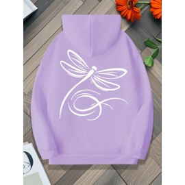 Plus Size, Women's Oversized White Dragonfly Print Hooded Sweatshirt - Long Sleeve Casual Pullover with Drawstring Hood & Kangaroo Pocket, Plus Size All-Season Comfort, Elegant White Sweater for Casual Attire, Machine Washable, Relaxed Fit with Stylish Dragonfly Back Print, Soft Fabric for Layering, Chic and Versatile Women's Fashion
