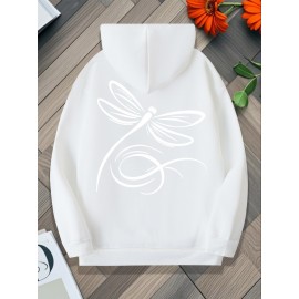 Plus Size, Women's Oversized White Dragonfly Print Hooded Sweatshirt - Long Sleeve Casual Pullover with Drawstring Hood & Kangaroo Pocket, Plus Size All-Season Comfort, Elegant White Sweater for Casual Attire, Machine Washable, Relaxed Fit with Stylish Dragonfly Back Print, Soft Fabric for Layering, Chic and Versatile Women's Fashion