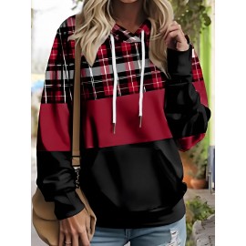 Women's Plus-Size Geometric Color Block Hoodie - Red & Black Plaid Print Pullover with Front Pockets, Cozy Long Sleeve Casual Sweatshirt for All-Season Comfort, Streetwear Style, Trendy Design, Durable Construction, Comfort Seekers