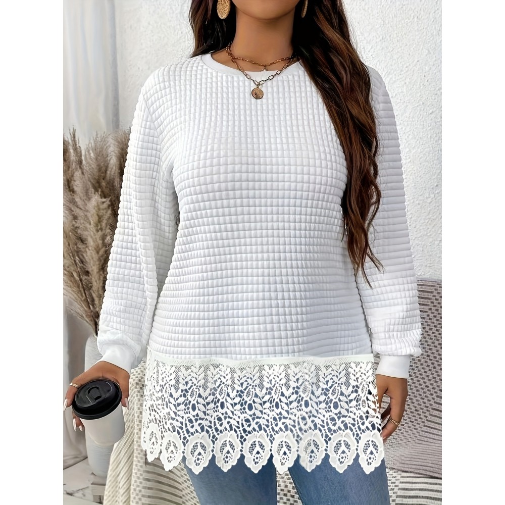 Plus Size, Women's Elegant Long Sleeve Pullover Sweatshirt - White with Lace Trim, Relaxed Fit for Everyday & Formal Events, Machine Washable Winter Sweater for Women, Cute Sweatshirts, Autumn Fashion, Classic Round Neckline, Quality Stitching, Stylish Clothing, Casual Chic