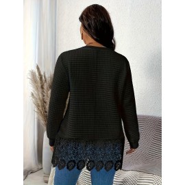 Plus Size, Women's Elegant Long Sleeve Pullover Sweatshirt - White with Lace Trim, Relaxed Fit for Everyday & Formal Events, Machine Washable Winter Sweater for Women, Cute Sweatshirts, Autumn Fashion, Classic Round Neckline, Quality Stitching, Stylish Clothing, Casual Chic