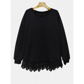 Plus Size, Women's Elegant Long Sleeve Pullover Sweatshirt - White with Lace Trim, Relaxed Fit for Everyday & Formal Events, Machine Washable Winter Sweater for Women, Cute Sweatshirts, Autumn Fashion, Classic Round Neckline, Quality Stitching, Stylish Clothing, Casual Chic