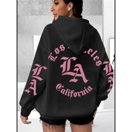 Los Angeles Letter Print Casual Hooded Sweatshirt - Long Sleeves Oversized Hooded Sweatshirt with Popular Extension