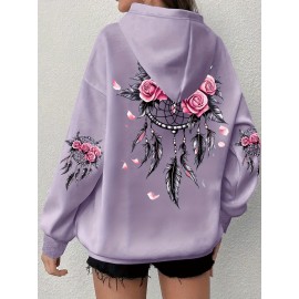 Women'S Plus Size Boho Chic Hoodie - Soft, Comfortable Long Sleeve with Dreamcatcher & Floral Print, Casual Pullover with Pockets for Everyday Wear, Casual Wear Hoodie|Boho Chic Style|Soft Fabric Hoodie
