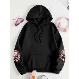 Plus Size - Women'S Plus Size Floral Print Hoodie - Soft, Comfortable Long Sleeve with Pockets, Casual Brown Pullover for All-Season Wear, Casual Wear Hoodie | Floral Print Hoodie | Soft Fabric Hoodie