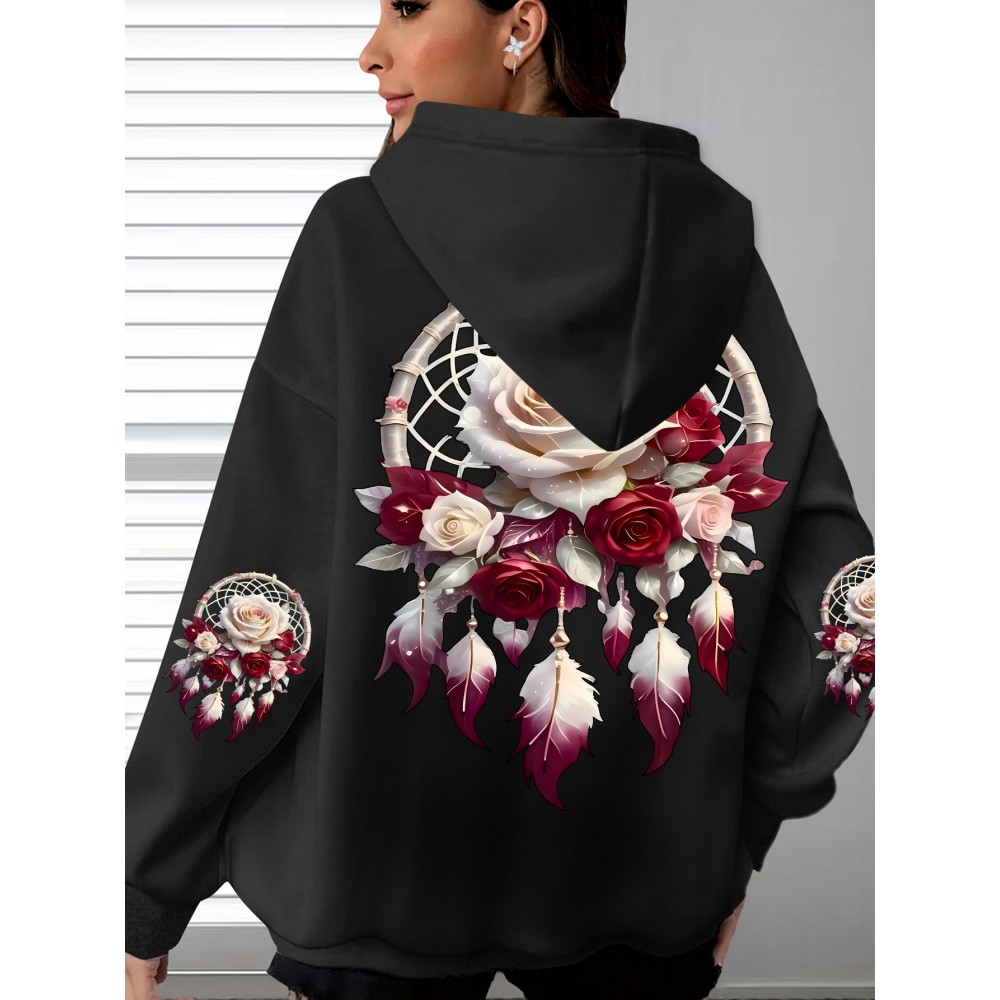 Plus Size - Women'S Plus Size Floral Print Hoodie - Soft, Comfortable Long Sleeve with Pockets, Casual Brown Pullover for All-Season Wear, Casual Wear Hoodie | Floral Print Hoodie | Soft Fabric Hoodie