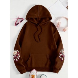 Plus Size - Women'S Plus Size Floral Print Hoodie - Soft, Comfortable Long Sleeve with Pockets, Casual Brown Pullover for All-Season Wear, Casual Wear Hoodie | Floral Print Hoodie | Soft Fabric Hoodie