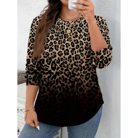 [Cozy Leopard Print Sweater] Amikafashion Women's Plus Size Leopard Print Sweater - Cozy Soft Fabric, Long Sleeve Round Neck Casual Pullover, Black & Brown Animal Print, Fall Winter Tops for Everyday & Formal Outfits, Seasonal Wardrobe Staple, Minimalist Design, Stylish Trendy Top