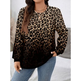 [Cozy Leopard Print Sweater] Amikafashion Women's Plus Size Leopard Print Sweater - Cozy Soft Fabric, Long Sleeve Round Neck Casual Pullover, Black & Brown Animal Print, Fall Winter Tops for Everyday & Formal Outfits, Seasonal Wardrobe Staple, Minimalist Design, Stylish Trendy Top