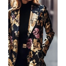 Plus Size, Women's & Burgundy Floral Blazer Jacket - Mid-Length Lapel Coat with Notch Collar, -Tone Pocket, Machine-Washable Winter Outerwear for, Weddings & Parties - Elegant Brown/Beige Trench Coat