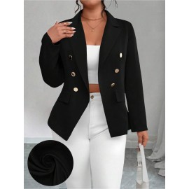 Plus Size - Plus-size Women'S Solid Color Double-Breasted Fitted Waist Long-Sleeved Suit Jacket | Elegant Style with Lapel Collar and Button Details, Perfect for All Seasons