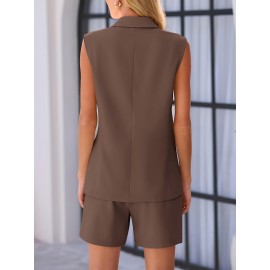 Plus Size - New Plus-Size Professional Double-Breasted Suit for Women, Stylish And Fashionable, Perfect As a Graduation Gift, Wedding Guest Attire, Or a Must-Have for Spring, Summer, And Autumn Work. Sleeveless V-Neck Top And Pants Two-Piece Set.
