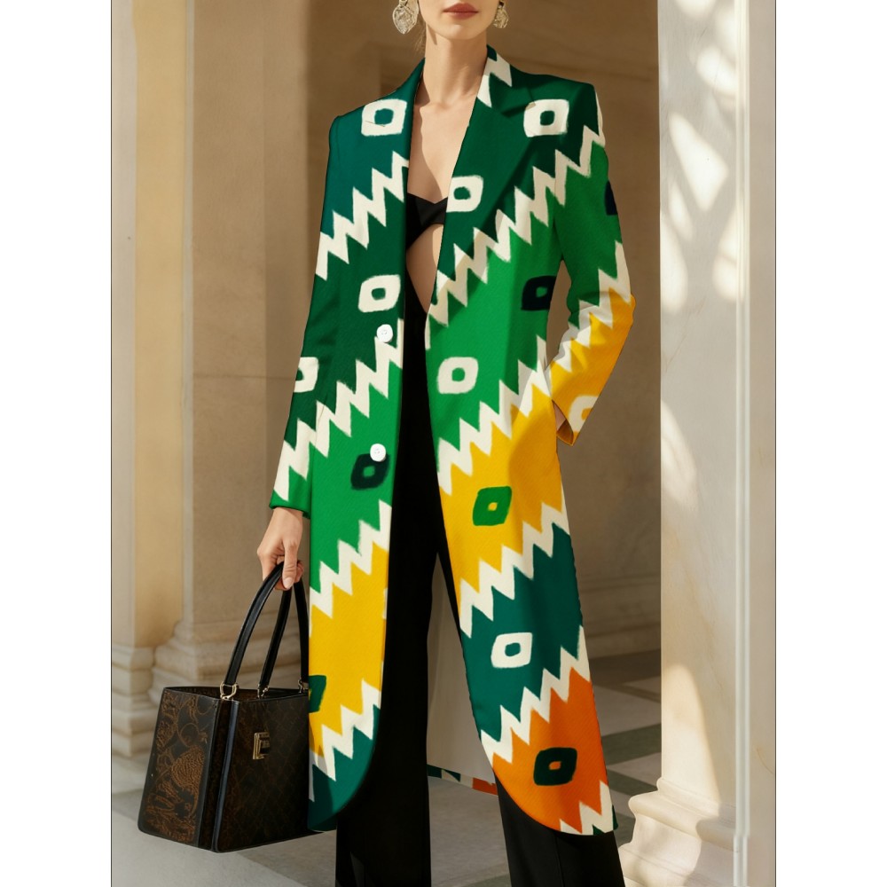Plus Size - Women'S Structured Loose-Fit Blazer Coat with Green Yellow Orange Print - Belted Waist, All-Season Versatile Office Wedding Evening Jacket, Casual to Professional Outerwear for Women Professionals, Tailored Fit & Easy-Care Fabric