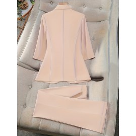 Elegant Office Suit Set for Women - Solid Color Polyester Blazer with Front Bow Detail and 3/4 Sleeves, Matching Trousers - Non-Stretch Woven Fabric, Suit Collar, Autumn/Winter Collection
