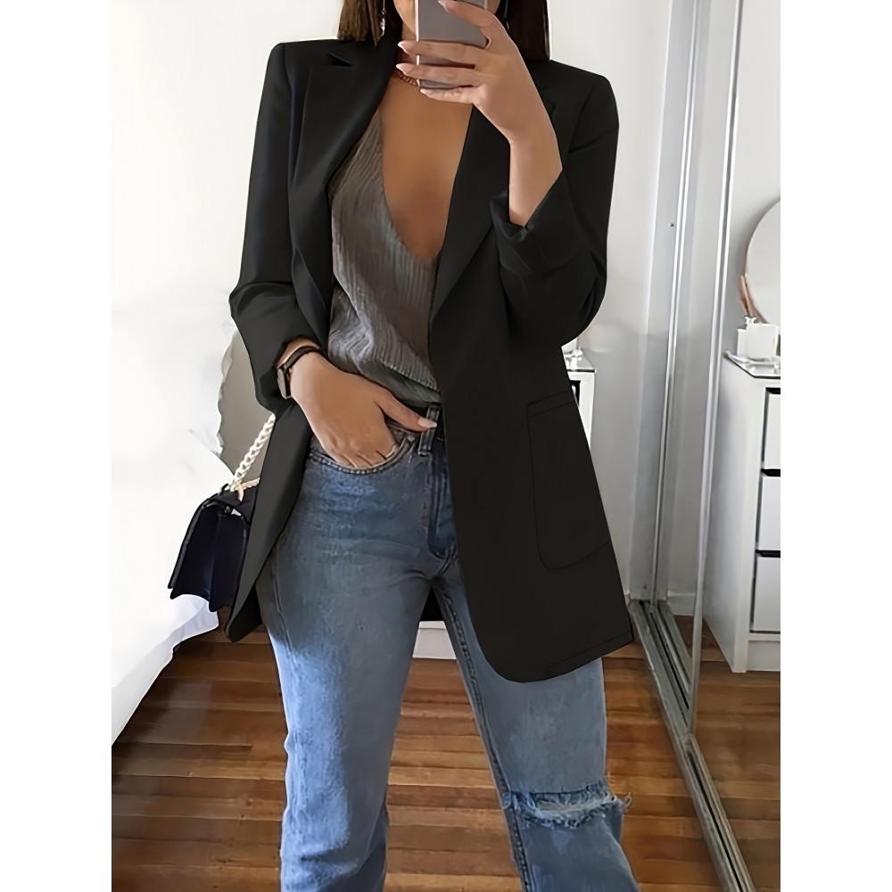 Plus Size Solid Elegant Lapel Long Sleeve Open Front Blazer for Office & Work, Women's Clothing