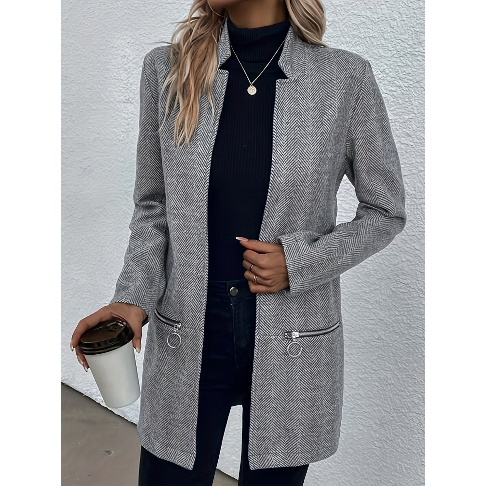 Elegant Plus Size Houndstooth Blazer for Women - Polyester Knit Fabric with Lapel Collar, Raglan Long Sleeve, Regular Fit Fall/Winter Jacket