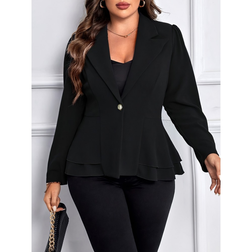 Plus Size Solid Color Single Breasted Lapel Elegant Long Sleeve Flare Hem Blazer For Work & Office
