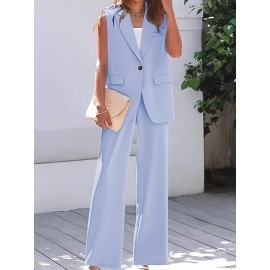 Plus Size Elegant Plain Suit Set, Single Breasted Sleeveless Vest & Straight Leg Pants Outfits, Women's Plus Size Clothing
