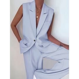 Plus Size Elegant Plain Suit Set, Single Breasted Sleeveless Vest & Straight Leg Pants Outfits, Women's Plus Size Clothing