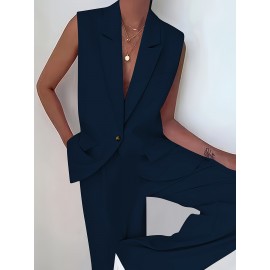 Plus Size Elegant Plain Suit Set, Single Breasted Sleeveless Vest & Straight Leg Pants Outfits, Women's Plus Size Clothing