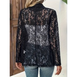 Elegant Plus Size Floral Lace Long Sleeve Open Front Blazer for Women - Stylish and Chic Clothing