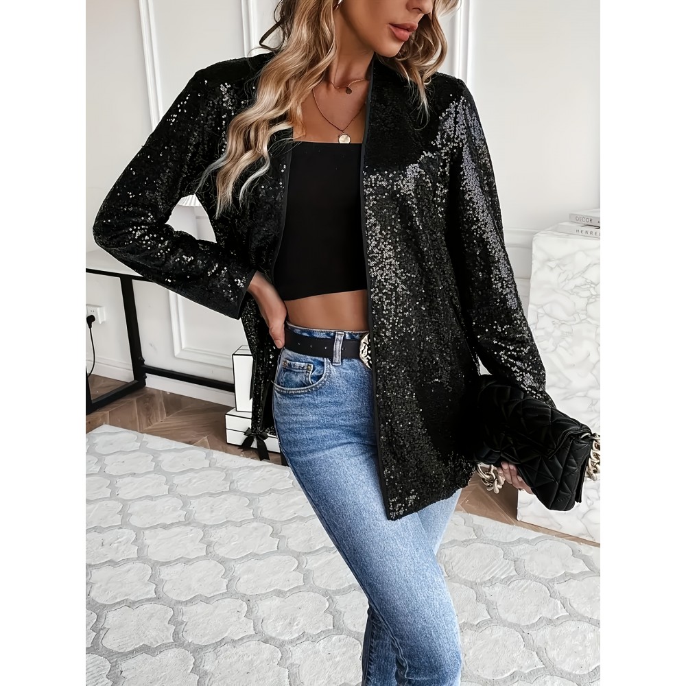 1pc Elegant Plus Size Sequin Long Sleeve Blazer for Women - Casual Open Front Polyester Jacket with Shimmering Detail, Knitted Fabric, Versatile for All Seasons