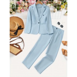 Elegant Women's Long Sleeve Lapel Blazer & Pants Set - Polyester, Machine Washable, Solid Color for Fall/Winter