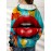 Women'S Plus Size 3D Lips Print Full-Zip Hooded Jacket - Red Lips & Multicolor Abstract Face Design, Warm Winter Coat for Art Parties, Daily Wear, Birthday Outfits - Statement-Making Lip for art Gift for Women (Friends & Family) - Casual to Formal O