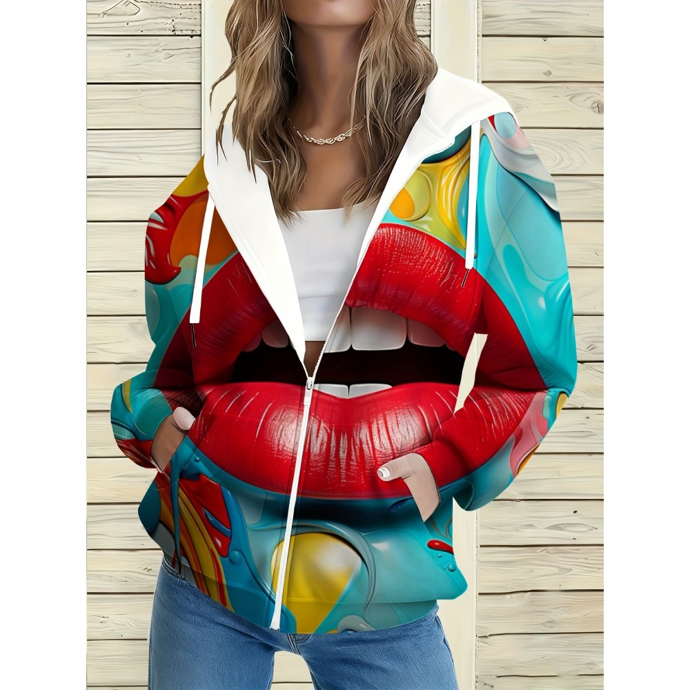 Women'S Plus Size 3D Lips Print Full-Zip Hooded Jacket - Red Lips & Multicolor Abstract Face Design, Warm Winter Coat for Art Parties, Daily Wear, Birthday Outfits - Statement-Making Lip for art Gift for Women (Friends & Family) - Casual to Formal O