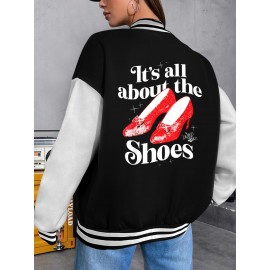 Women's Wizard of Oz Ruby Slippers & Dorothy's Back Print Jacket - Plus Size Friendly Black & White Two-Tone Sleeves, Red Glitter Iconic Slippers Design, Casual Winter Outerwear for Halloween Costumes, Parties & Casual Attire -