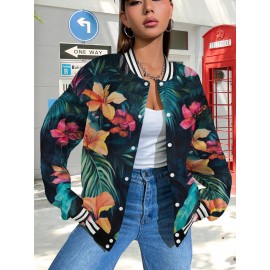 Plus Size Women's Hawaiian Print Baseball Jacket Hoodie - Tropical Hibiscus & Palm Leaf Aloha Coat, Lightweight Long Sleeve Split Hem Hawaiian Shirt Style Outerwear for Vacation, Beach Parties & Year-Round Casual Wear