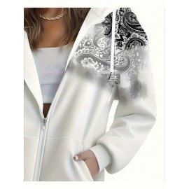 Women'S 3D Floral Print Hooded Zipper Jacket Sweatshirt - Winter Warmth Full-Zip Outerwear, White with Black Floral Pattern, Relaxed H-Line Silhouette, Machine Washable Non-Stretch Fabric, Long Sleeve Coat for Casual & Formal Outfits