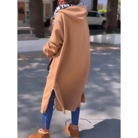 Large Size Women's Hooded Full-Zip Sportswear Jacket - Windproof & High Quality Long Sleeve Outerwear, Mid-Stretch Semi-Translucent Fabric, Machine Washable, Autumn Casual & Athletic Coat for Gym, Running Errands, Casual Attire (Solid Color)