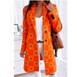 Plus-Size Women'S Winter Warm Collared Button- Long-Sleeve Coat Jacket with Navy & Plaid Print, Golden-Tone Lapel Collar & Chest Pocket - Casual to Semi-Formal Outerwear for Autumn & Winter, Durable Easy-Care Fabric (No Shrinkage) - Versatile Everyd