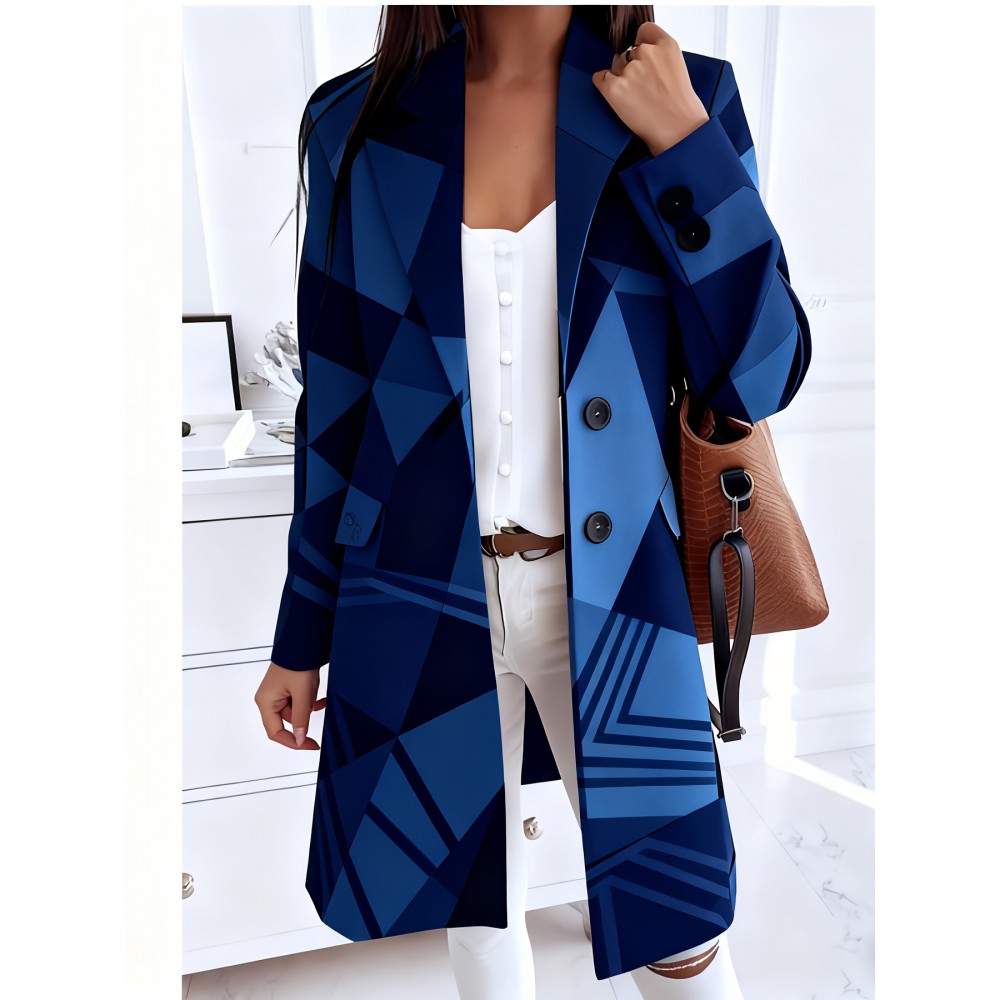 Plus-Size Women's Collar Button- Jacket - Winter-Ready Striped Coat with Chest Pocket, Wrinkle-Resistant Long Sleeve Blazer (Grey/Brown/Beige) for, Casual & Formal Events - Machine Washable Outerwear
