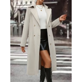 Women's Plus Size Long Coat - Elegant Belted Button Front Closure, Beige/Classic Colors Non-Stretch Jacket for Fall/Spring, Office, Casual & Formal Events - H-Line Silhouette Outerwear