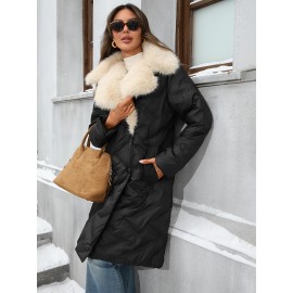 Plus Size - Women'S Plus Size Winter Coat - Thick Warm Long Jacket with Lapel Collar, Non-Stretch Fabric, Button Front Closure, Casual Elegant Outerwear For Fall & Winter (machine Washable) - Solid Color, Plus Size Winter Coats For Women