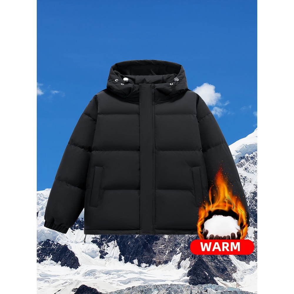 Women's Hooded Outdoor Jacket, Solid Color Plus Size Winter Coat, Fashionable Elegant Loose Fit Long Sleeve Warm Puffer For Fall/Winter