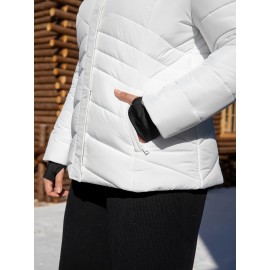 Women'S Plus Size Hooded Jacket, Casual Polyester 100% Woven Coat, Solid Color Fall/Winter Warm Windproof Outerwear with Pockets