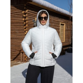 Women'S Plus Size Hooded Jacket, Casual Polyester 100% Woven Coat, Solid Color Fall/Winter Warm Windproof Outerwear with Pockets